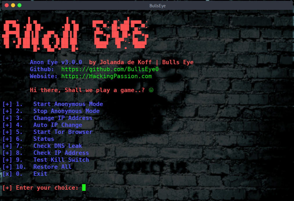 Anon Eye makes your machine anonymous: all outgoing TCP, your name lookups, and a kill switch you can test yourself. Stop it and your machine is as you left it. /anon-eye/anon-eye-menu-kali.png