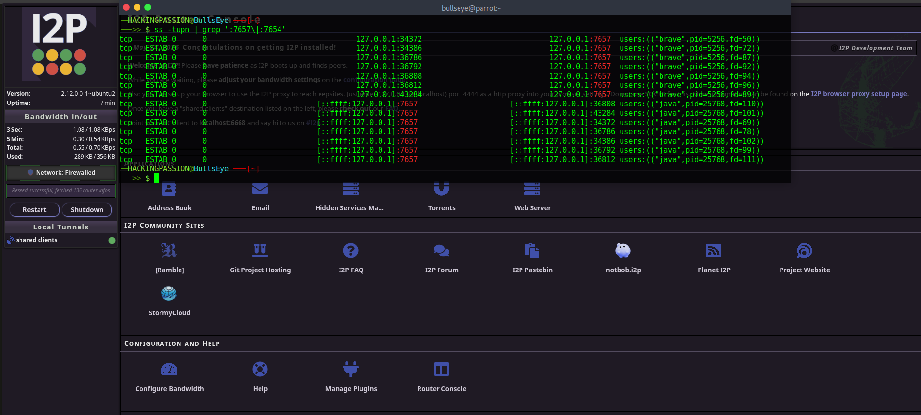 I2P Router Console with active connections on port 7657 /botnets-tor-i2p-c2/i2p.png