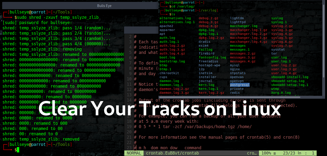 How to clear your tracks in Linux. This is very important if you are a penetration tester, an ethical hacker, or a cybersecurity expert. /clear-your-tracks-on-linux/featured-image.png