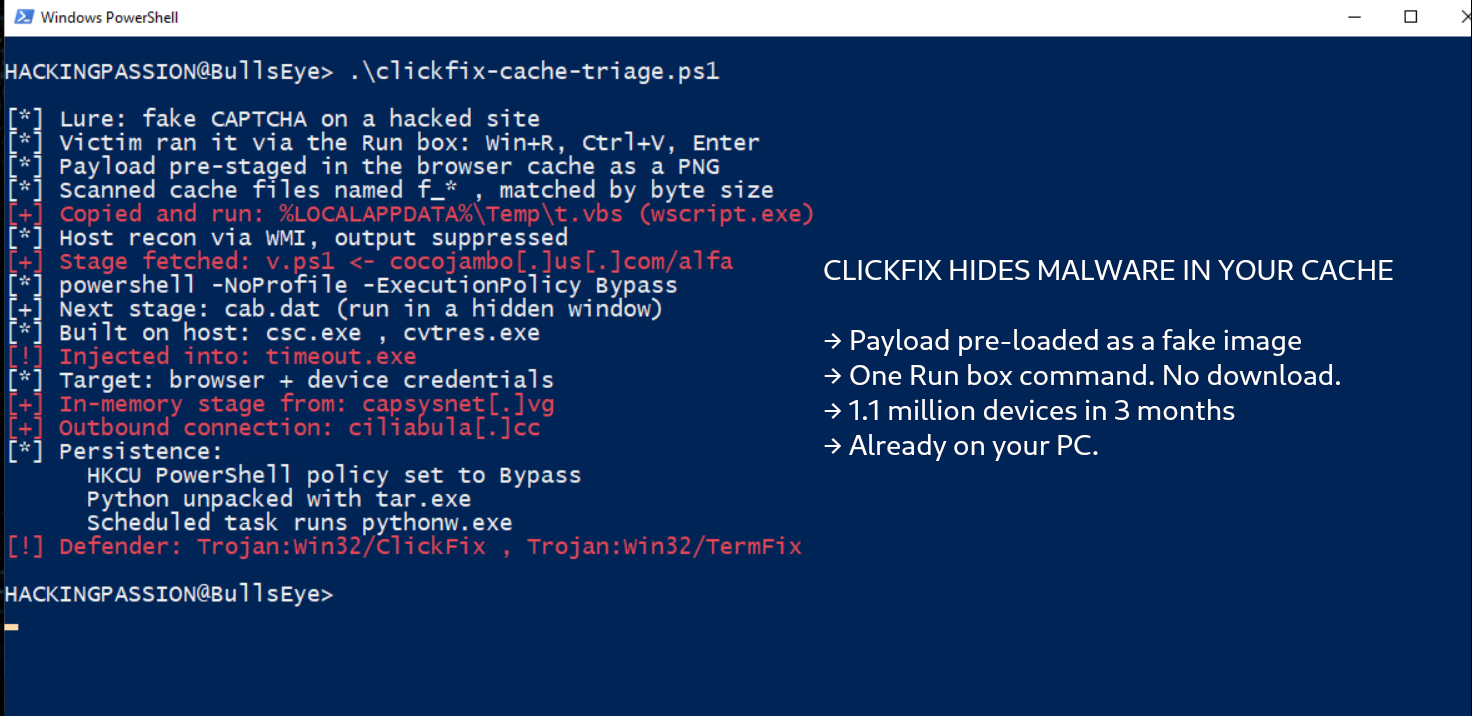 Attackers stage the payload in your browser cache as a fake image, so the ClickFix command you paste downloads nothing. It arrives when the page loads. /clickfix-cache-smuggling-fake-captcha/clickfix-cache-smuggling-fake-captcha.png