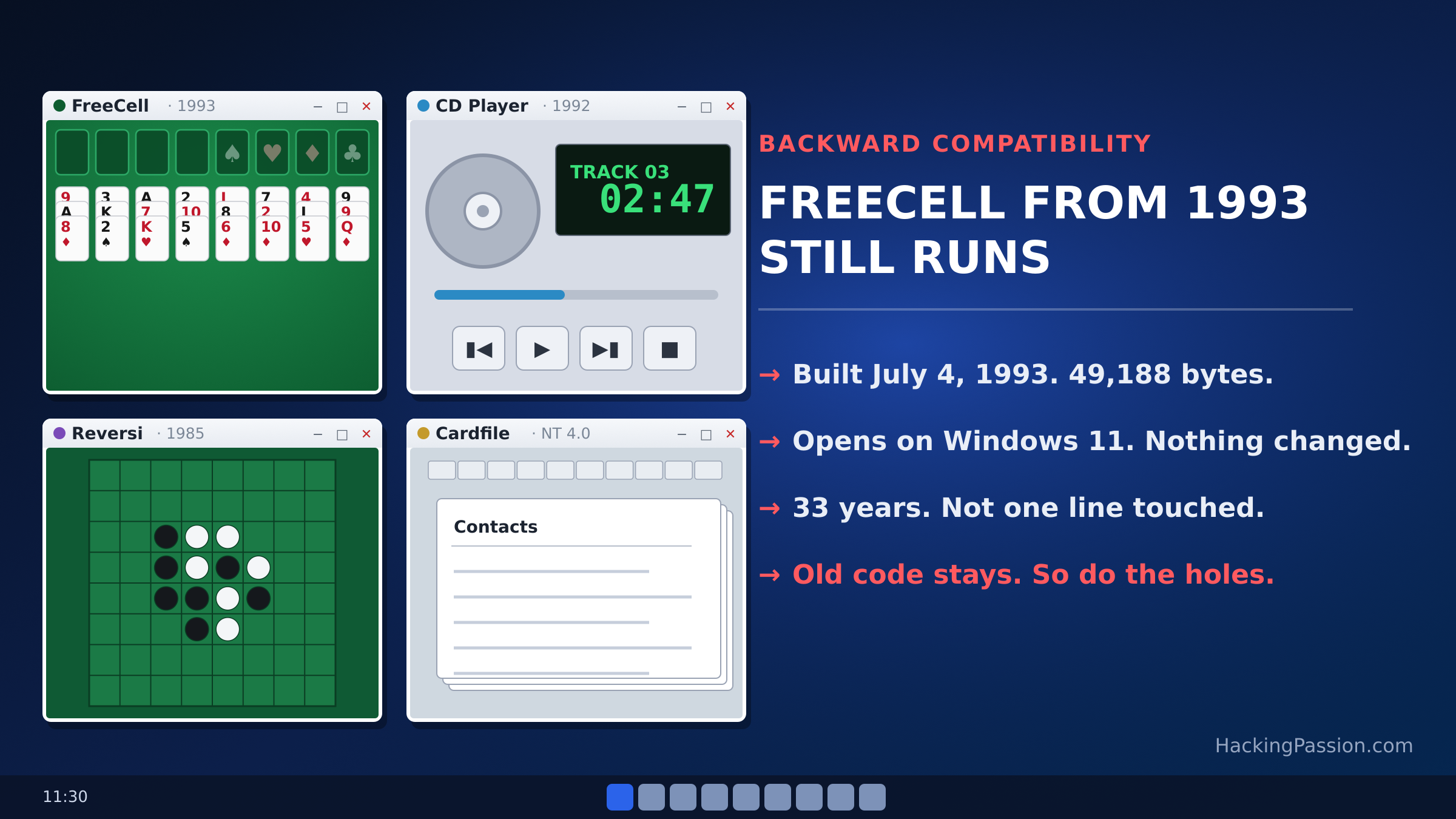 A FreeCell file built in 1993 still opens on a fully updated Windows 11, and the same backward compatibility has given attackers a way in. /freecell-1993-still-runs-windows-11/freecell-1993-windows-11.png