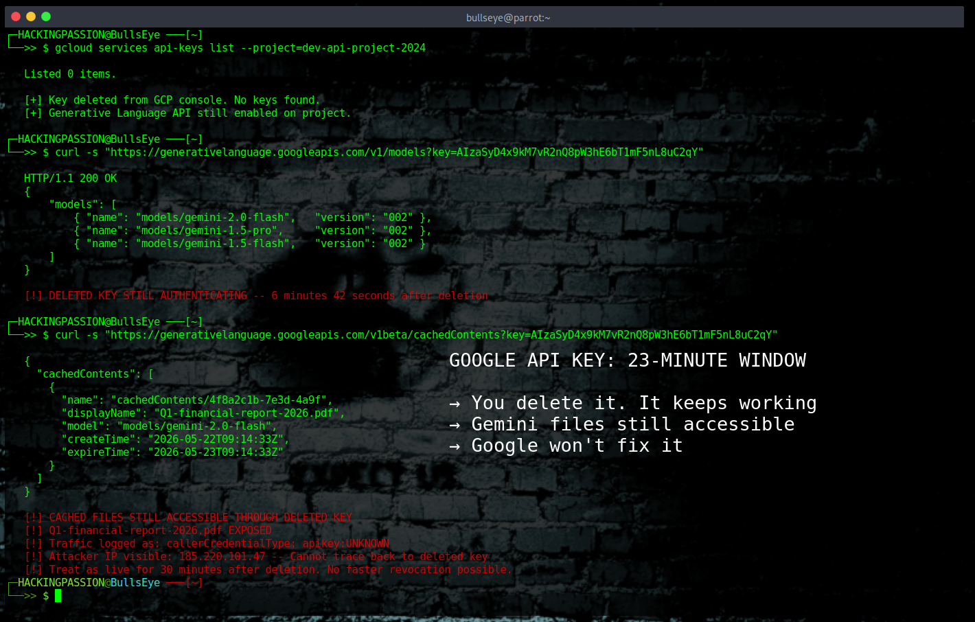You delete a leaked Google API key. Google says it is gone. An attacker keeps using it for up to 23 minutes. Google knows and won't fix it. /google-api-key-23-minutes/featured-image-preview.png