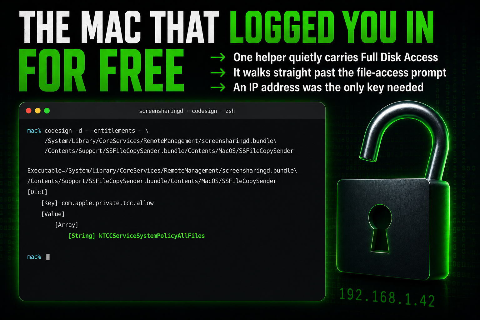 A macOS Screen Sharing flaw let an attacker on the network gain root on a Mac with no password. Apple fixed it in 26.6.1. Here is how it worked. /macos-screen-sharing-pre-auth-rce/macos-screen-sharing-pre-auth-rce.png