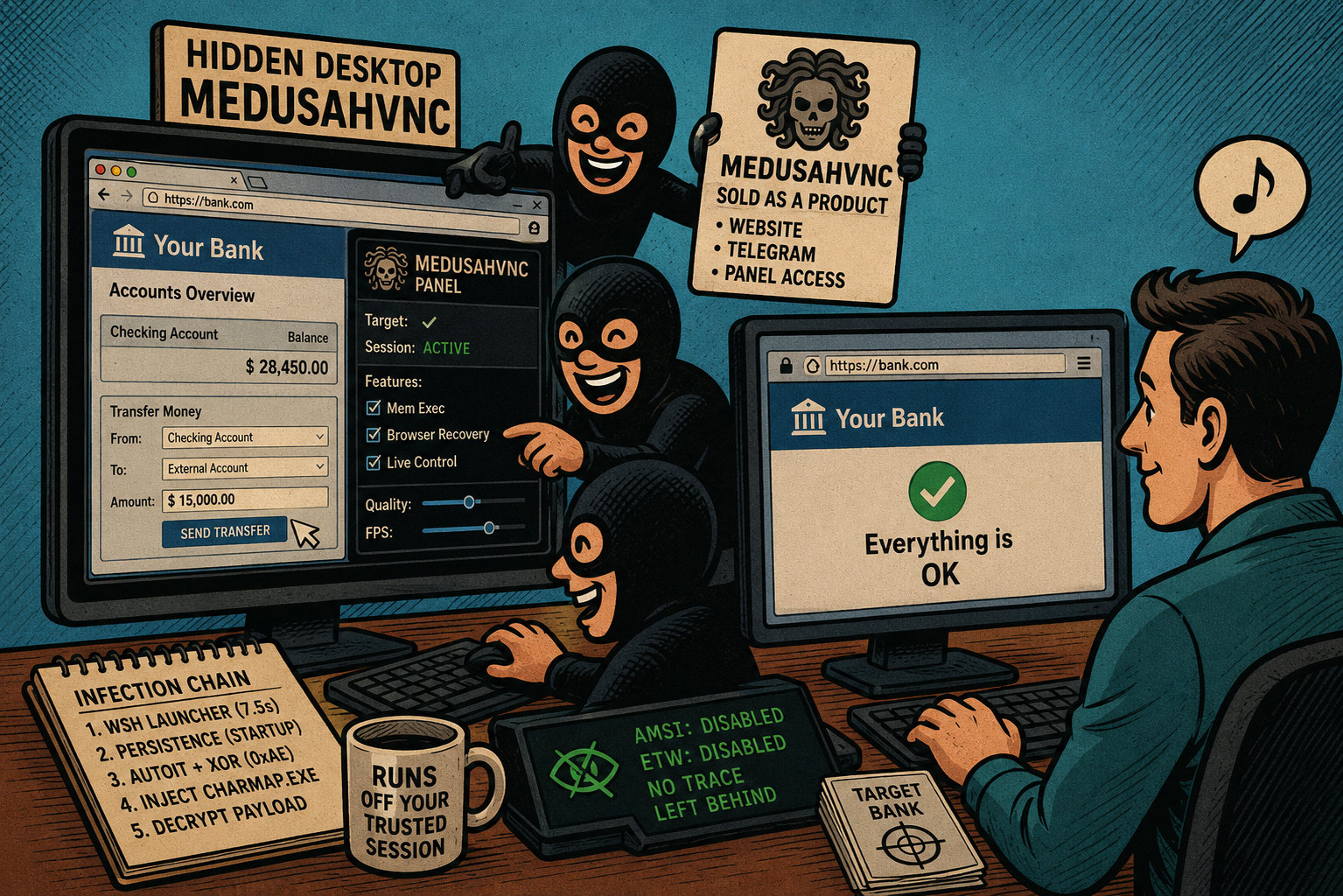 MedusaHVNC is rented malware that opens an invisible Windows desktop and drives your own logged in browser, so your bank sees a normal, trusted session. /medusahvnc-hidden-desktop/medusahvnc-hidden-desktop.png