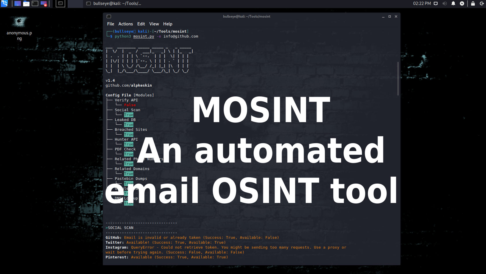 MOSINT is an OSINT Tool for emails. It helps you gather information about the target email. /mosint-an-automated-email-osint-tool/featured-image-preview.png