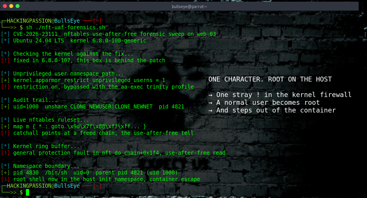 A single character in nftables, the Linux firewall, lets any local user become root and escape a container. Patched, but the exploits are now public. /nftables-root-use-after-free/nftables-root-use-after-free.png