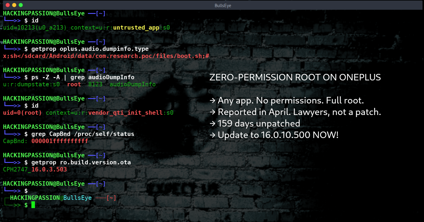 A OnePlus app with zero permissions could gain full root through two OxygenOS flaws. OnePlus knew in April and left it open for 159 days. /oneplus-zero-permission-root-oxygenos/oneplus-zero-permission-root-oxygenos.png