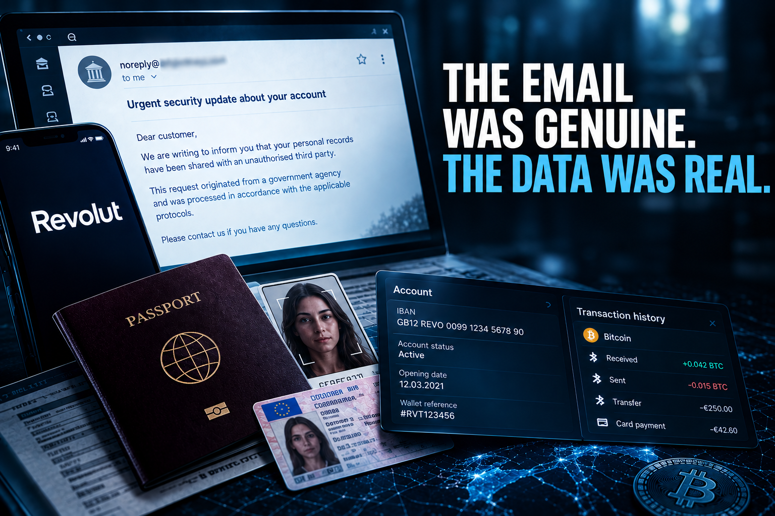 Revolut sent passports, verification selfies, IBANs and full Bitcoin histories to an account created inside a real government email domain. /revolut-fake-government-email-data-breach/revolut-fake-government-email-data-breach.png