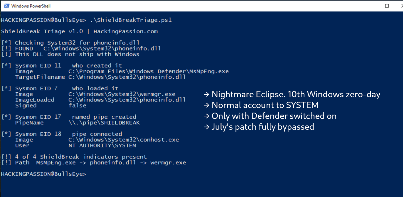 Nightmare Eclipse published a tenth Windows zero-day. ShieldBreak lifts a normal user to SYSTEM, and it only works when Defender is switched on. /shieldbreak-defender-nightmare-eclipse/shieldbreak-defender-nightmare-eclipse.png