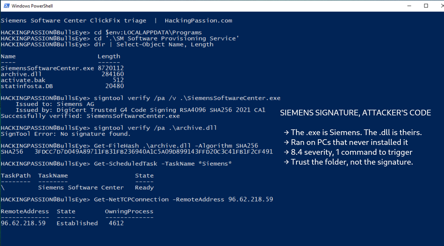Attackers paired a genuine, signed copy of Siemens Software Center with a malicious DLL and ran their code on Windows PCs that never installed it. /siemens-software-center-signed-dll-clickfix/siemens-software-center-signed-dll-clickfix.png