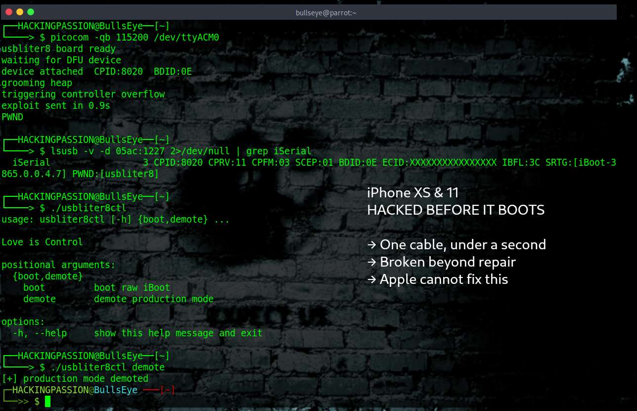 Usbliter8 is an unpatchable flaw in the iPhone XS and 11 boot chain. It runs code before iOS even loads, and no Apple update can ever fix it. /usbliter8-iphone-bootrom-exploit/usbliter8-iphone-bootrom-exploit.png