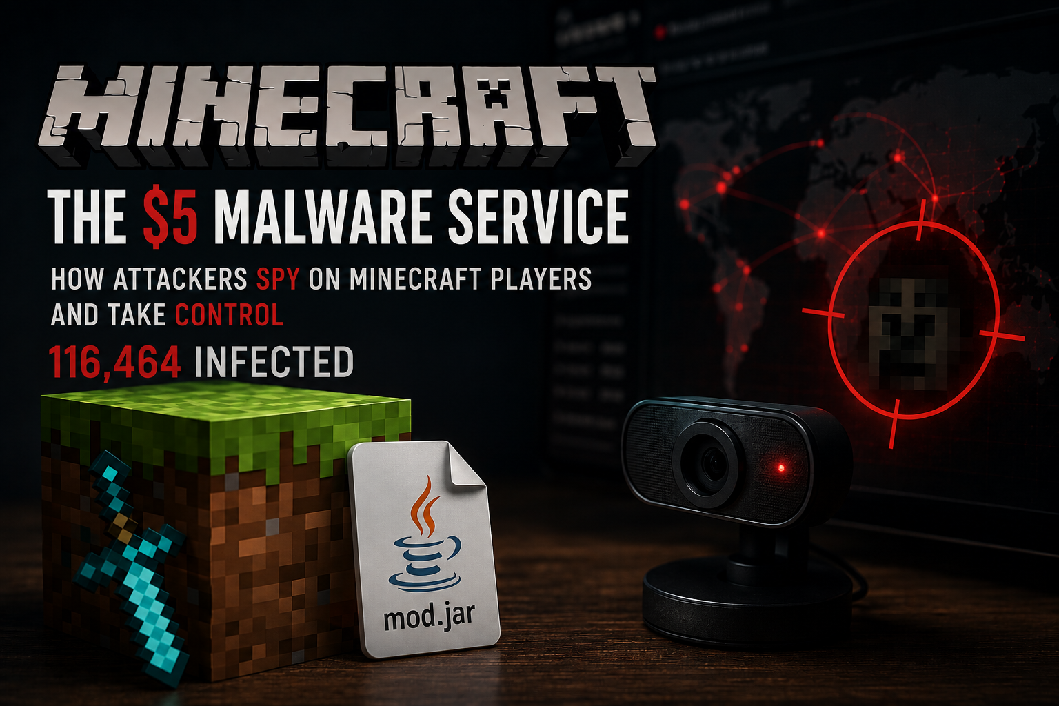 A five dollar subscription turned fake Minecraft mods into 116,464 infections, with stolen wallets, webcam access and a C2 address hidden on Ethereum. /weedhack-minecraft-malware-service/weedhack-fake-minecraft-clients.png