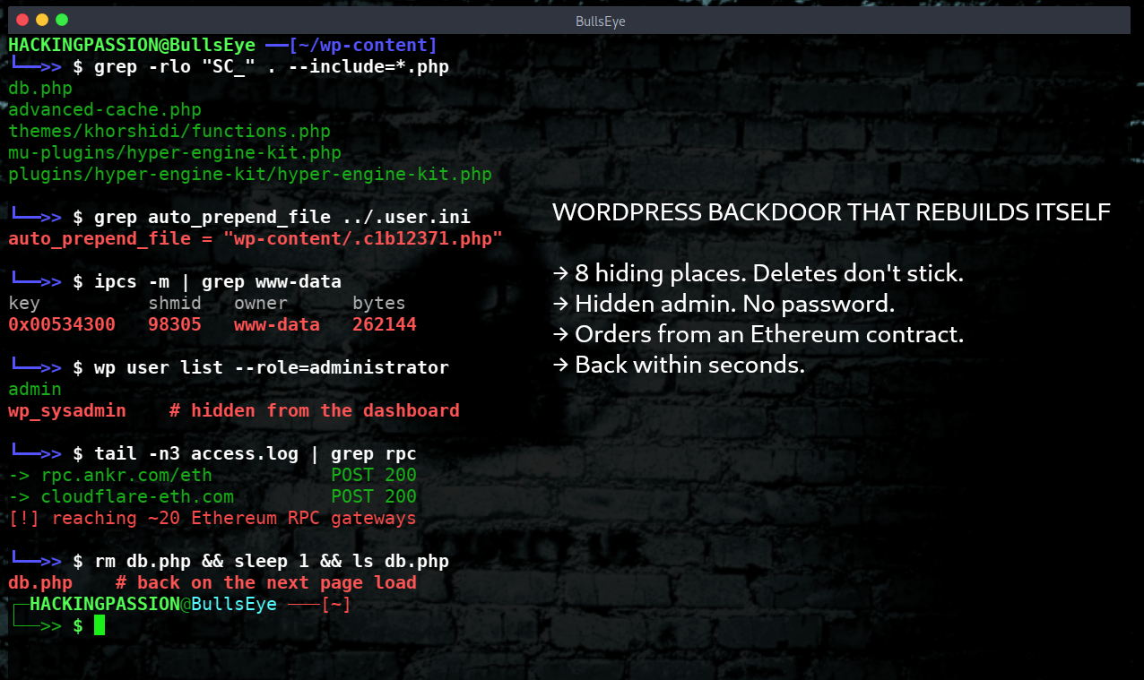The SC backdoor hid in 8 places on one WordPress site, came back within seconds of each removal and took its orders from an Ethereum smart contract. /wordpress-sc-backdoor-rebuilds-itself/wordpress-sc-backdoor-rebuilds-itself.png