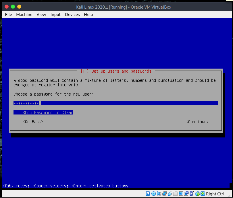 Kali Linux Choose a password for the new user