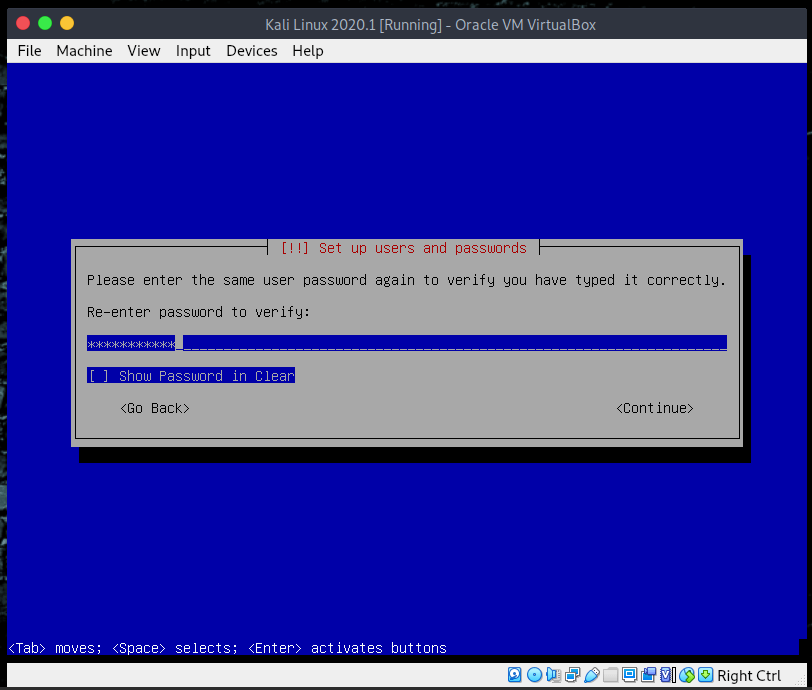 Kali Linux Re-enter the password to verify