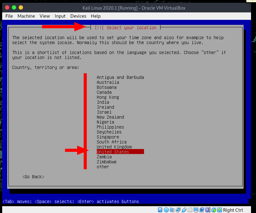 VirtualBox Select your location