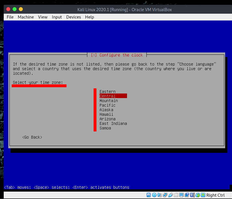 Kali Linux Select your time zone