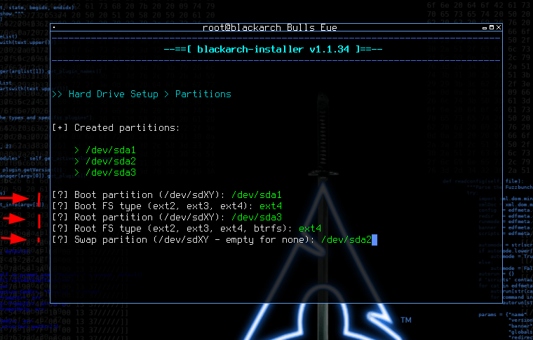 created partitions BlackArch