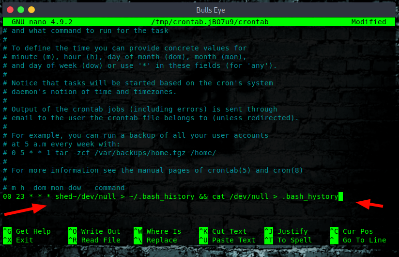 00 23 * * * shed~/dev/null > ~/.bash_history && cat /dev/null > .bash_hystory